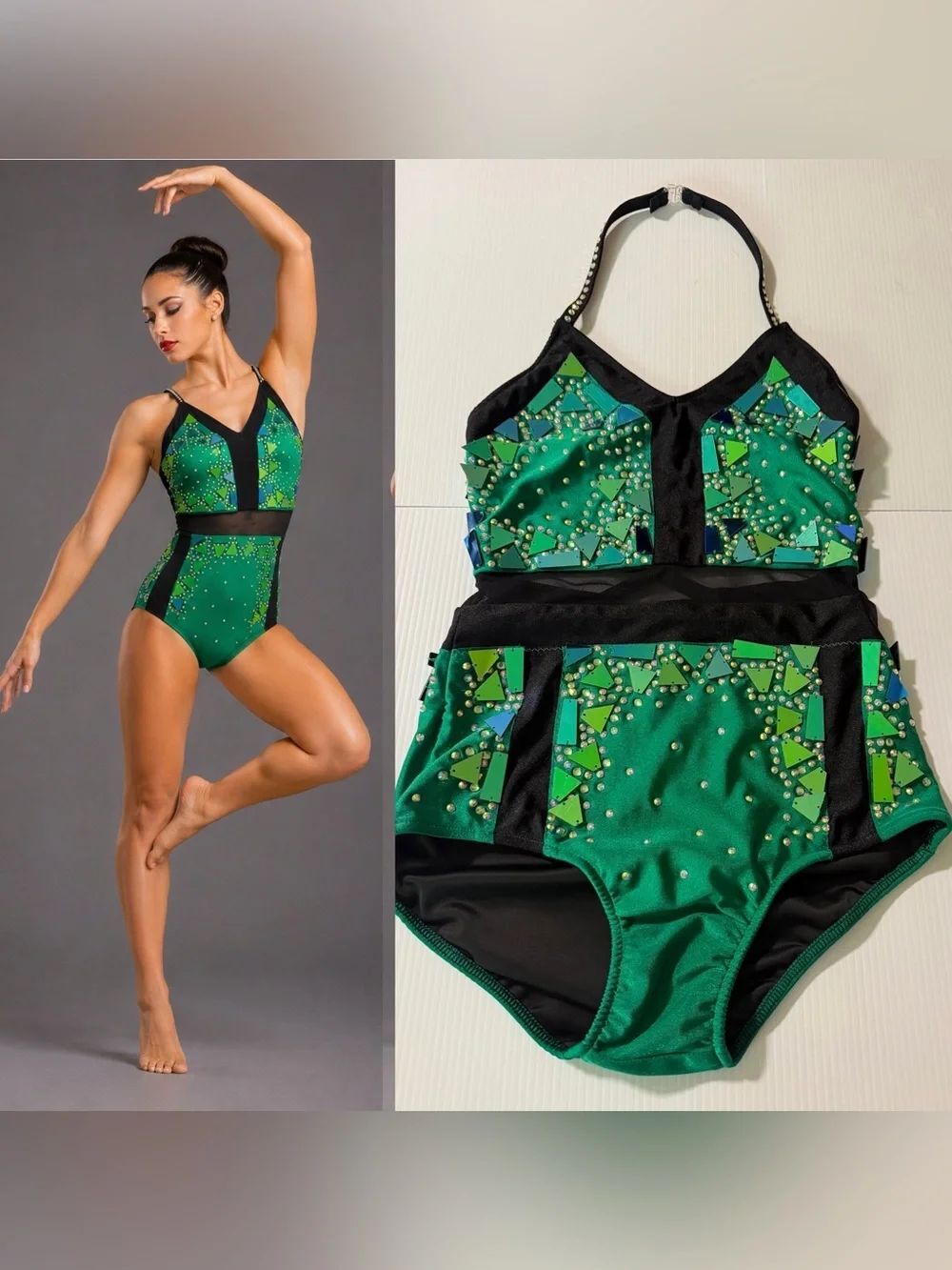 Glamour solo dance costume green embellished jazz acro contemporary SA adult